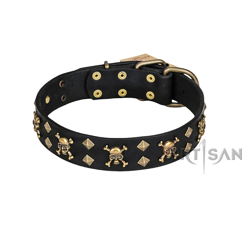 'Jolly Rojer' FDT Artisan Leather Dog Collar with Pirate Skulls and Studs - 1 1/2 inch (40 mm) wide
