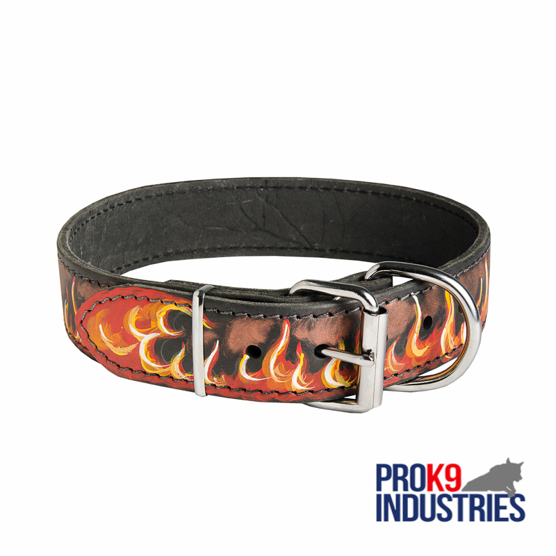 Handpainted Leather Dog Collar with Red Flames